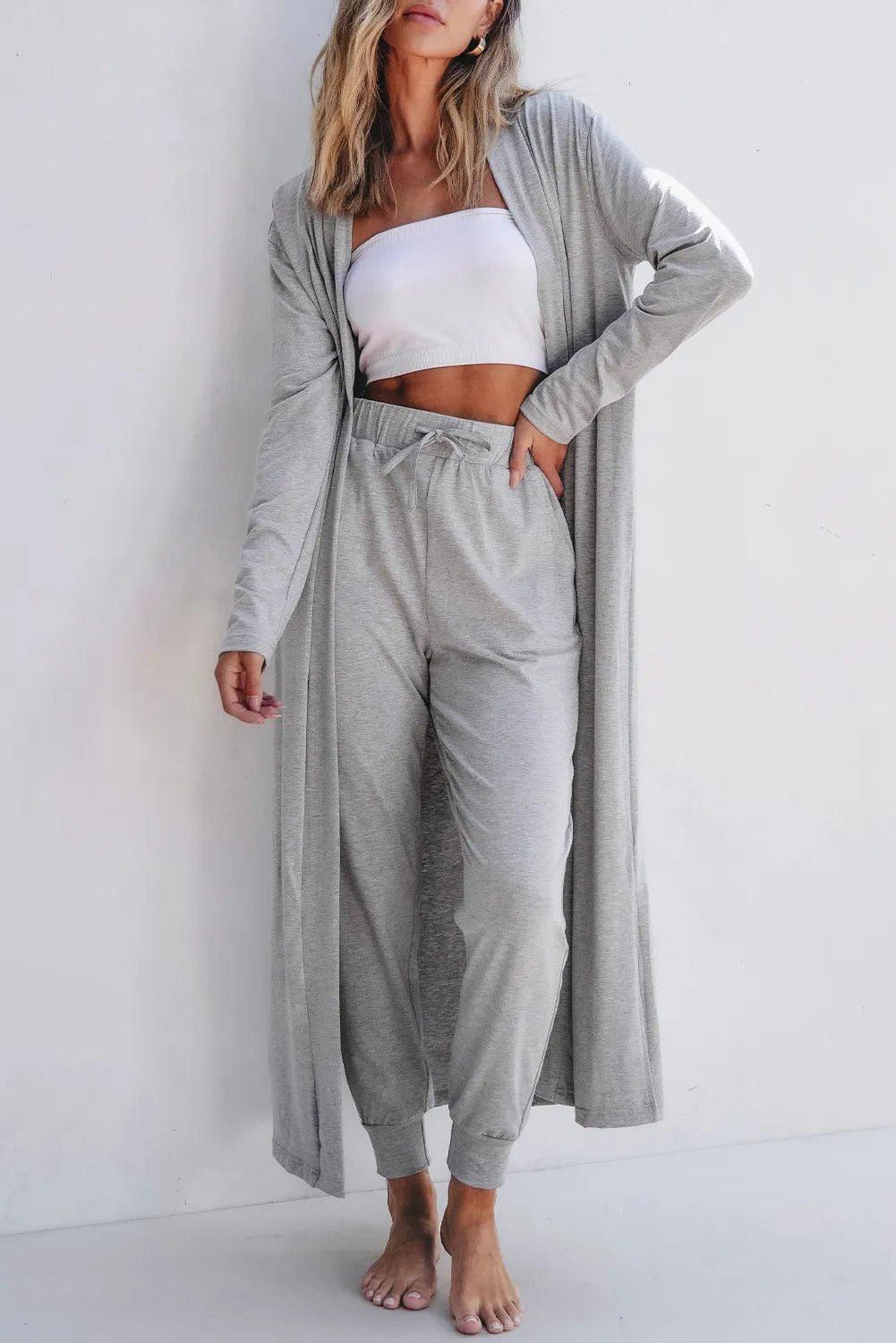 Open Front Long Sleeve Cardigan and Pants Lounge Set - PBNJ FASHIONS