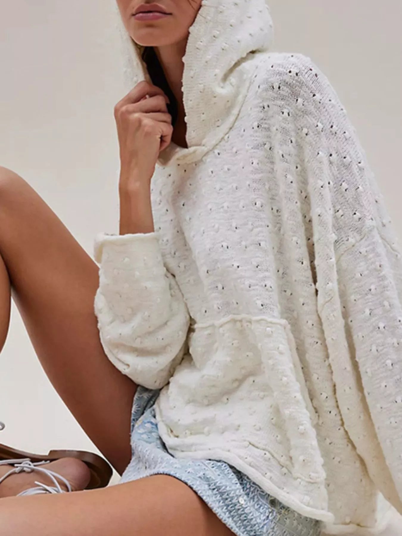 Textured Dot Knit Long Sleeve Hooded Sweater - PBNJ FASHIONS