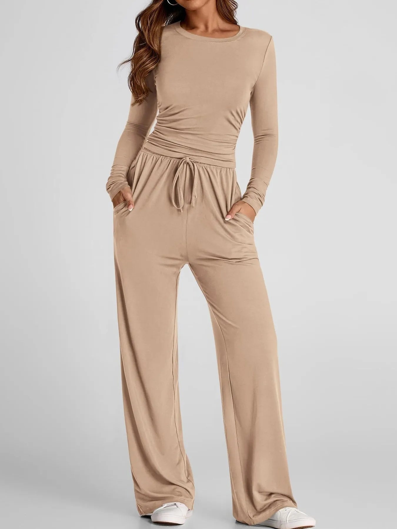 Round Neck Long Sleeve Top and Pants Set - PBNJ FASHIONS