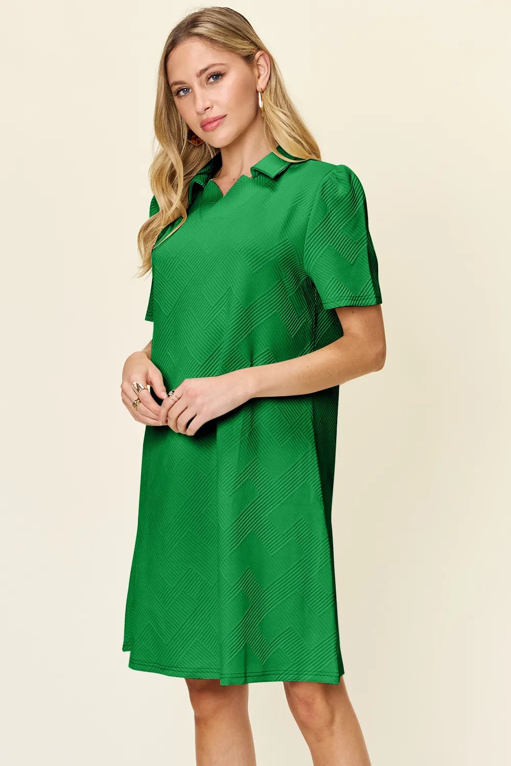 Double Take Full Size Texture Collared Neck Short Sleeve Dress - PBNJ FASHIONS