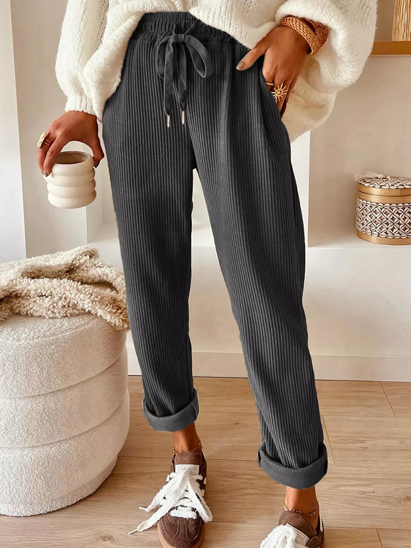 Casual Corduroy Drawstring Waist Pants - PBNJ FASHIONS