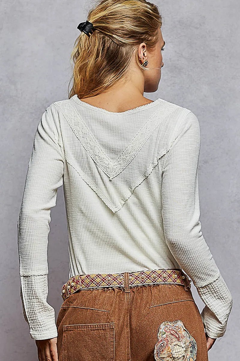 POL Ribbed Half Button Lace Detail Knit Top - PBNJ FASHIONS