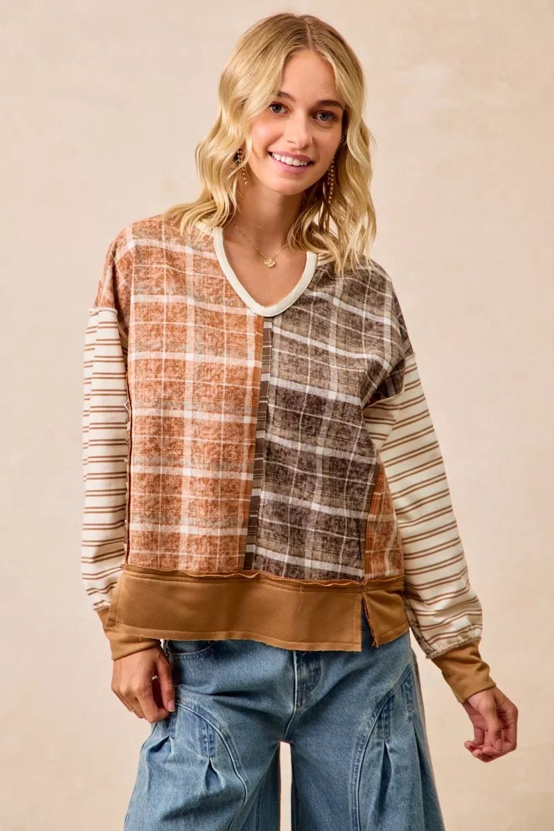 BiBi Plaid And Stripe Mix And Match Top With Open Seam - PBNJ FASHIONS