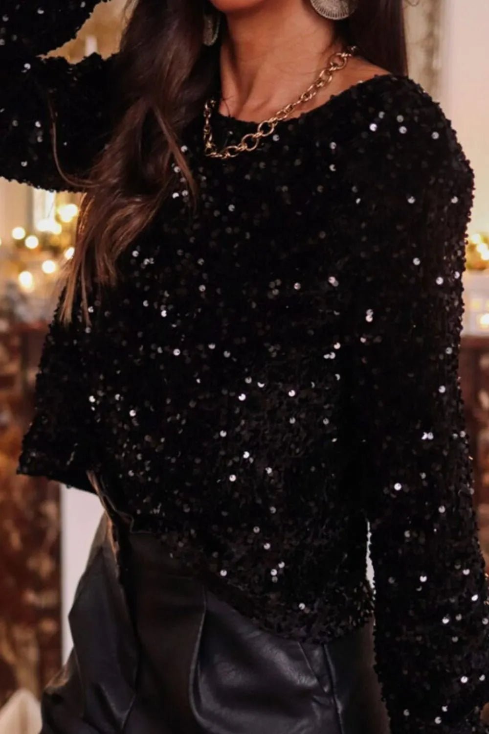 Sequin Round Neck Long Sleeve Blouse - PBNJ FASHIONS