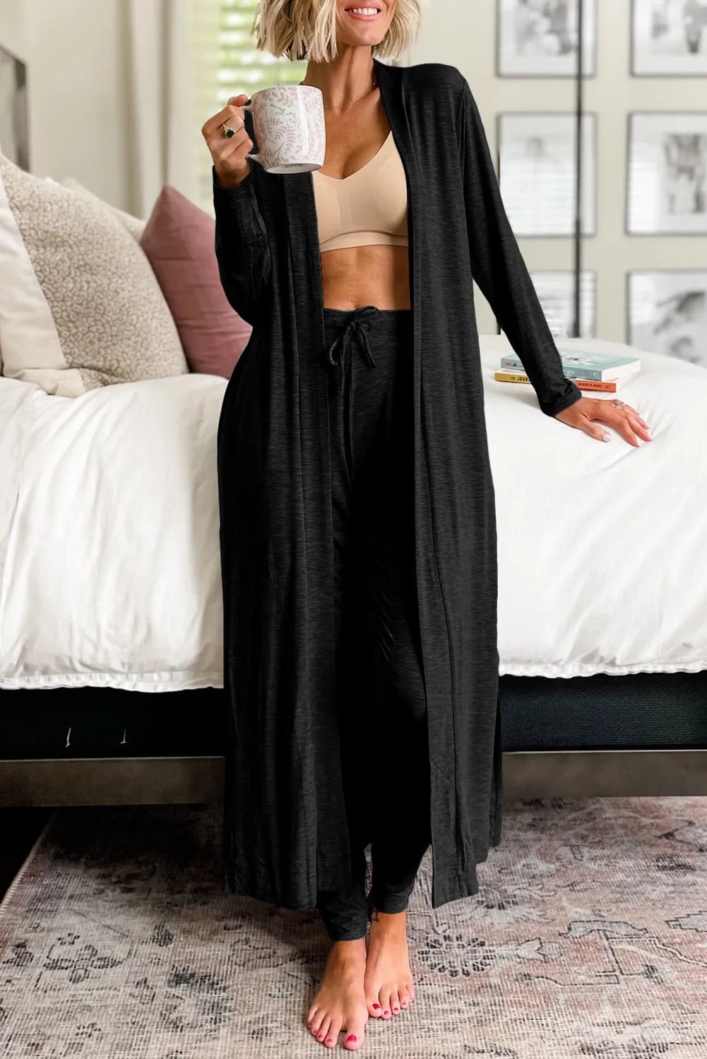 Open Front Long Sleeve Cardigan and Pants Lounge Set - PBNJ FASHIONS