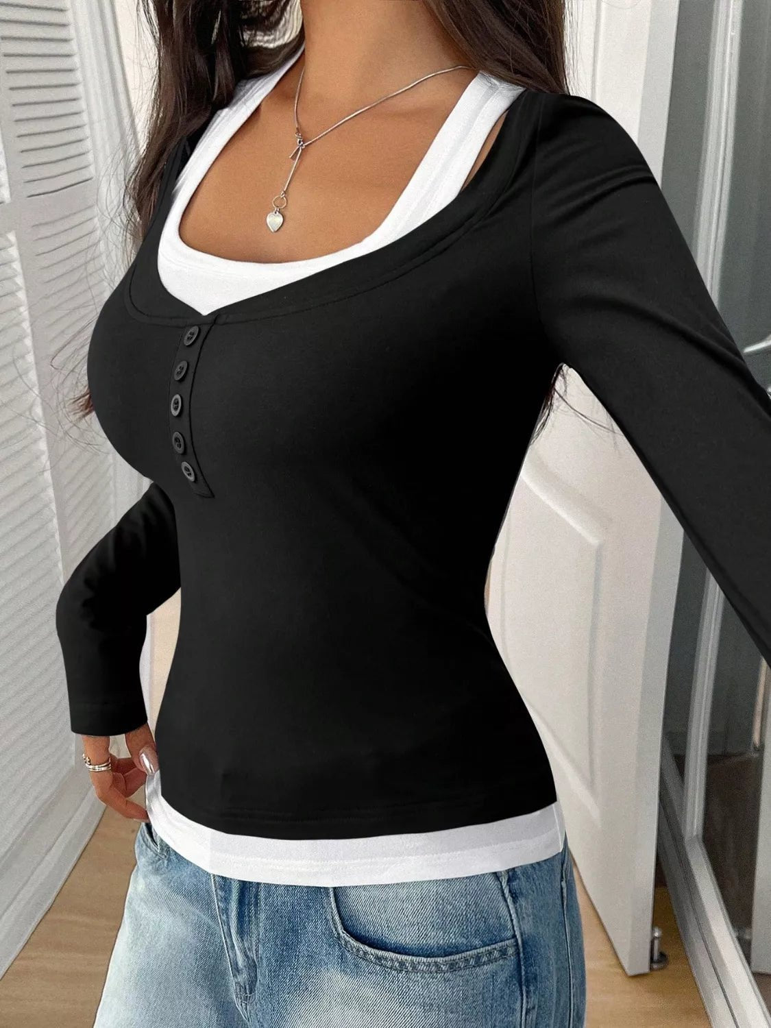 Contrast Long Sleeve Fake Two - Piece T-Shirt - PBNJ FASHIONS
