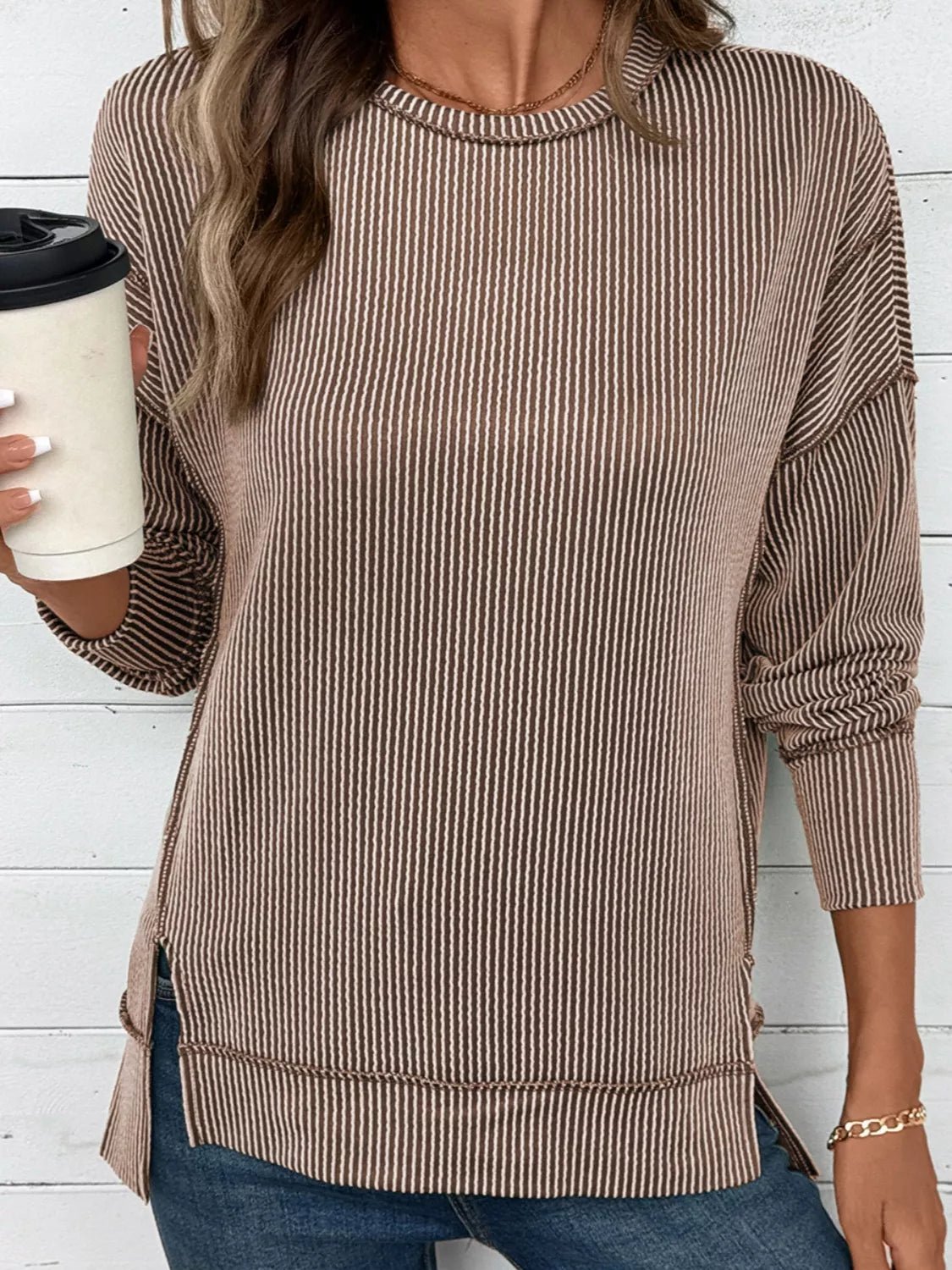 Side Slit Round Neck Sweatshirt - PBNJ FASHIONS