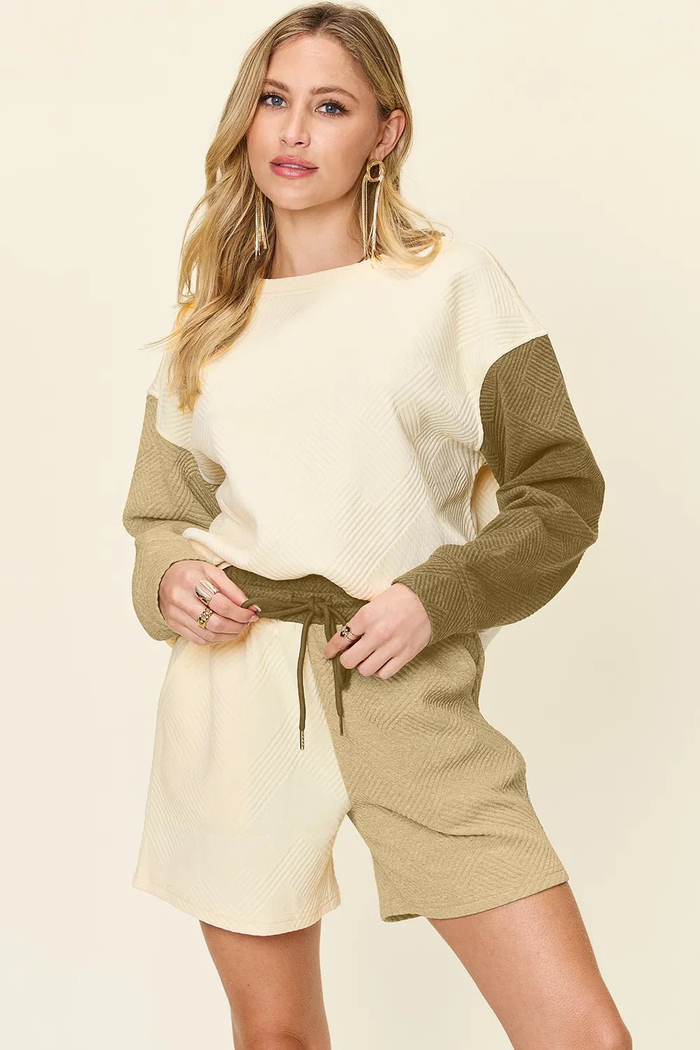Double Take Full Size Contrast Drop Shoulder Top and Shorts Set - PBNJ FASHIONS