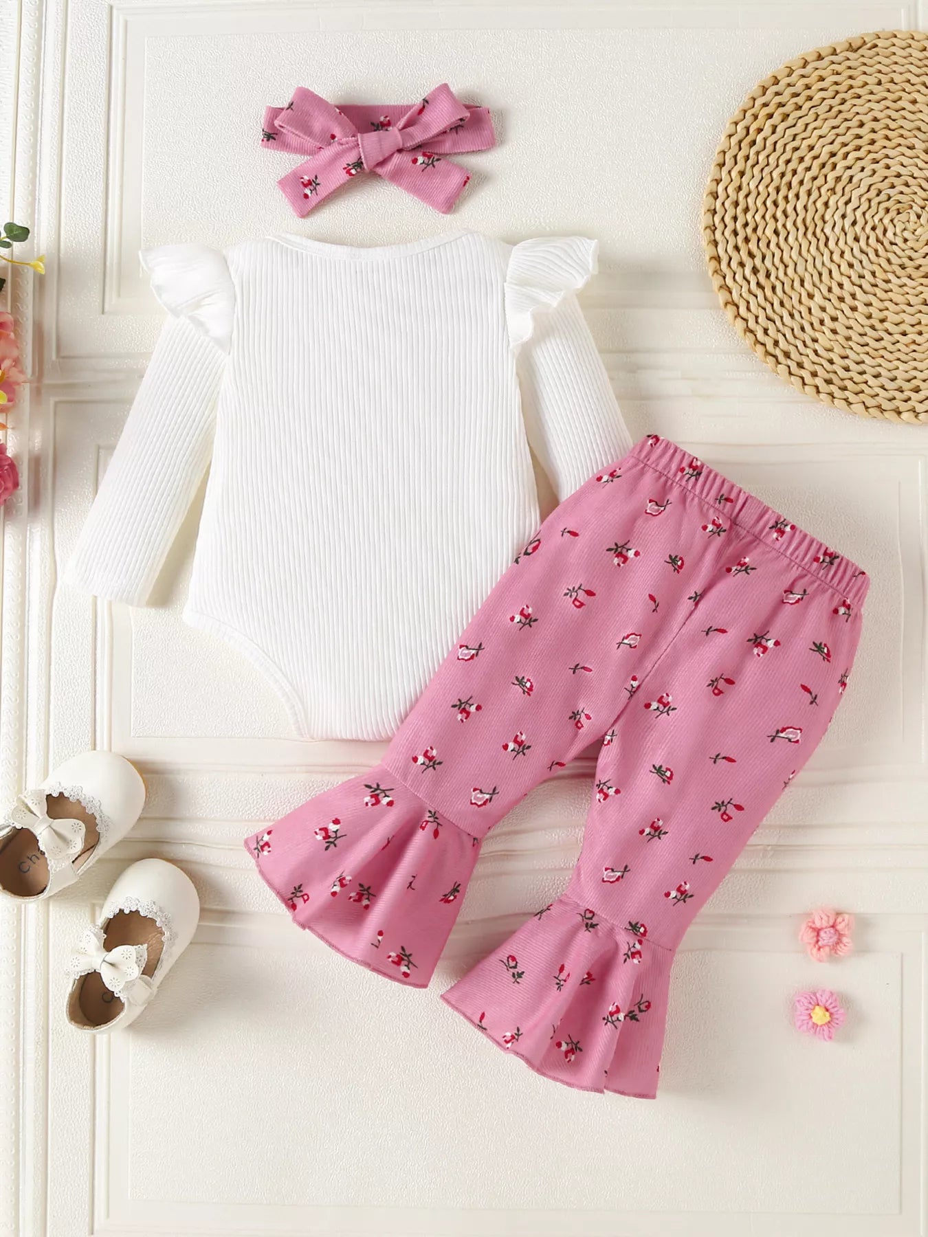 Children's Ruffled Bodysuit and Floral Pants Outfit Set with Headband - PBNJ FASHIONS