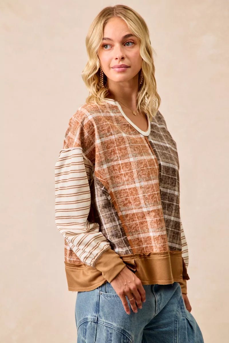 BiBi Plaid And Stripe Mix And Match Top With Open Seam - PBNJ FASHIONS
