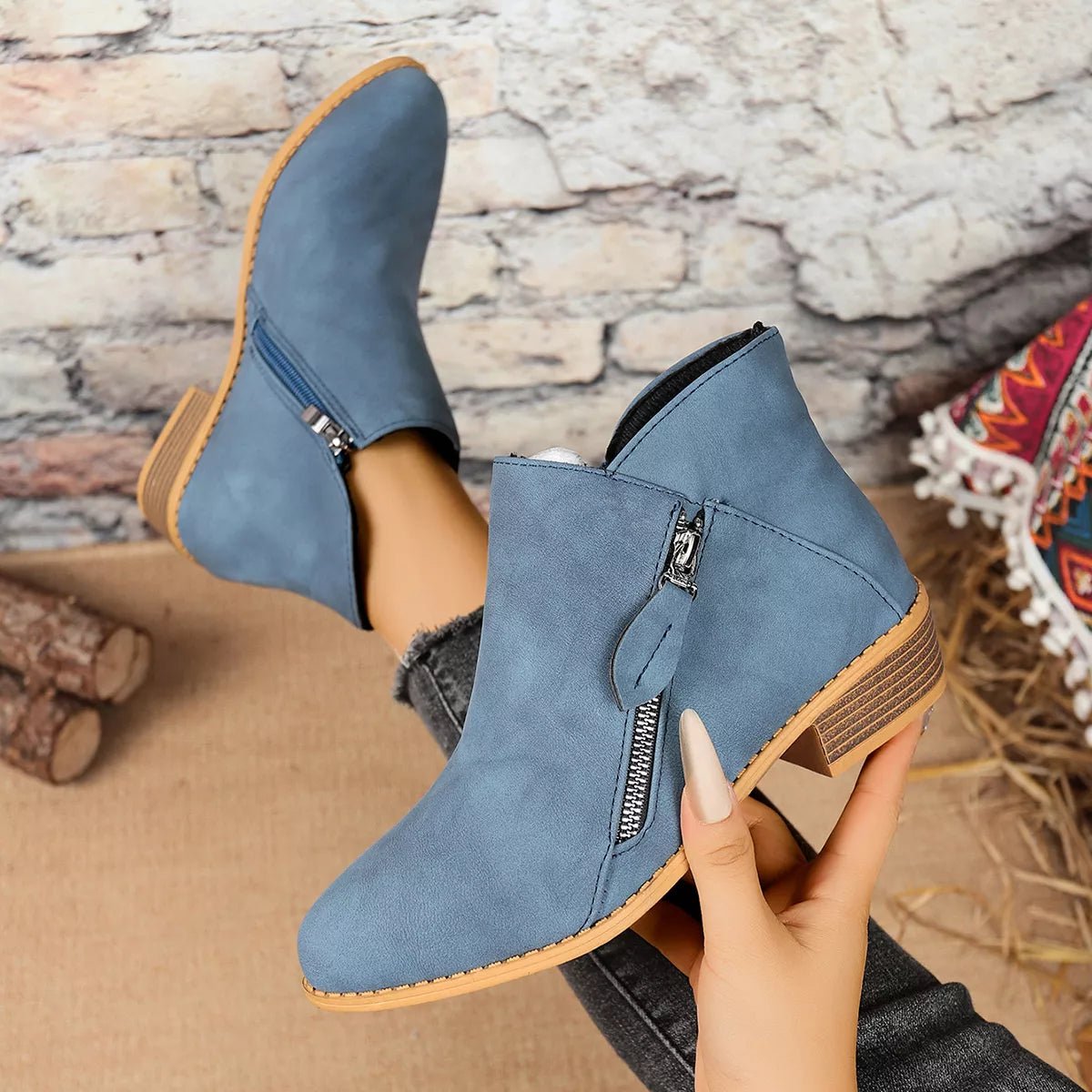 Chic Zip-Up Ankle Boots: Comfortable and Stylish with Block Heels for Effortless Fashion Statements - Blue-36