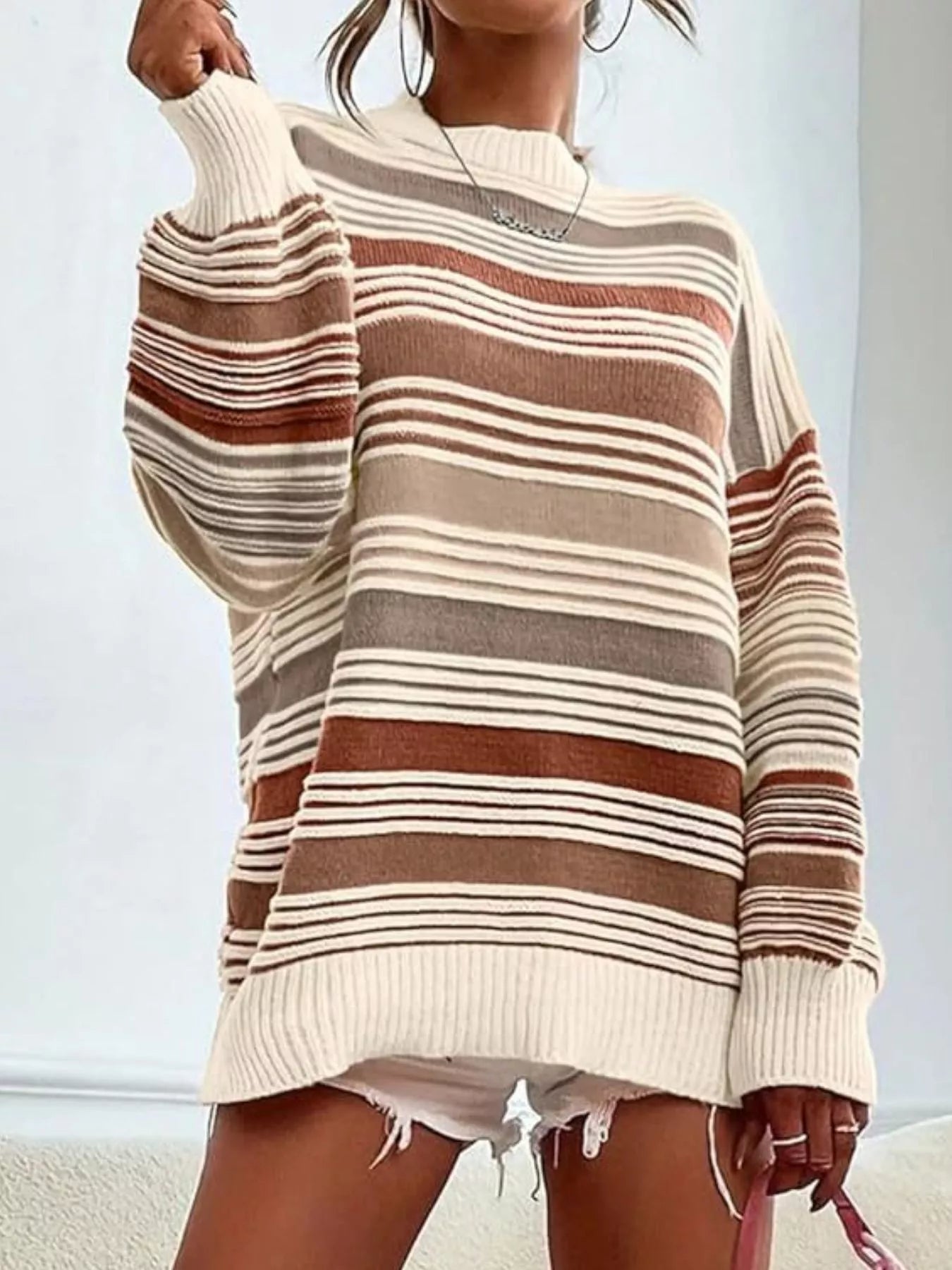 Striped Knit Long Sleeve Sweater - PBNJ FASHIONS