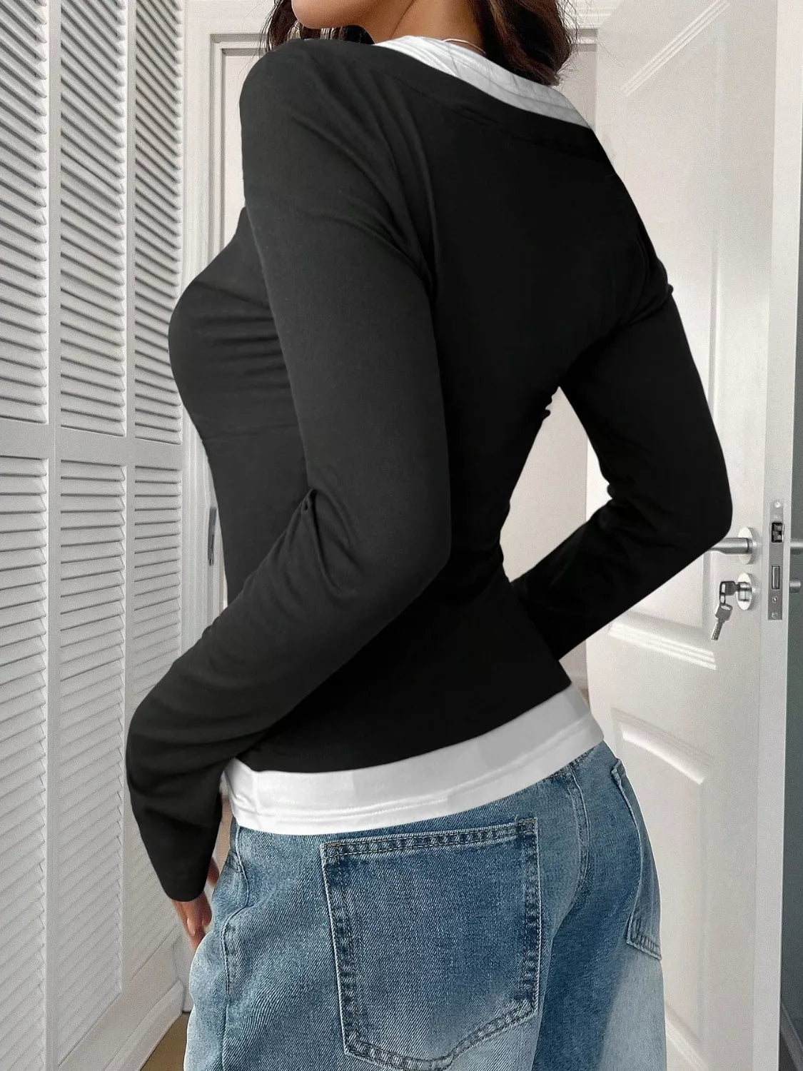 Contrast Long Sleeve Fake Two - Piece T-Shirt - PBNJ FASHIONS