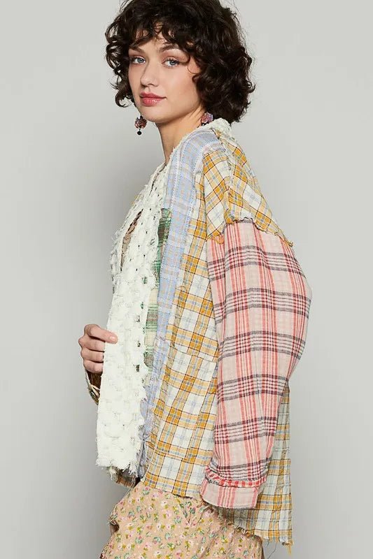 POL Raw Edge Plaid Open Front Cardigan - PBNJ FASHIONS