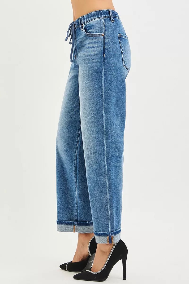 RISEN Elastic Band Slouch Ankle Boyfriend Cuffed Hem Jeans - PBNJ FASHIONS