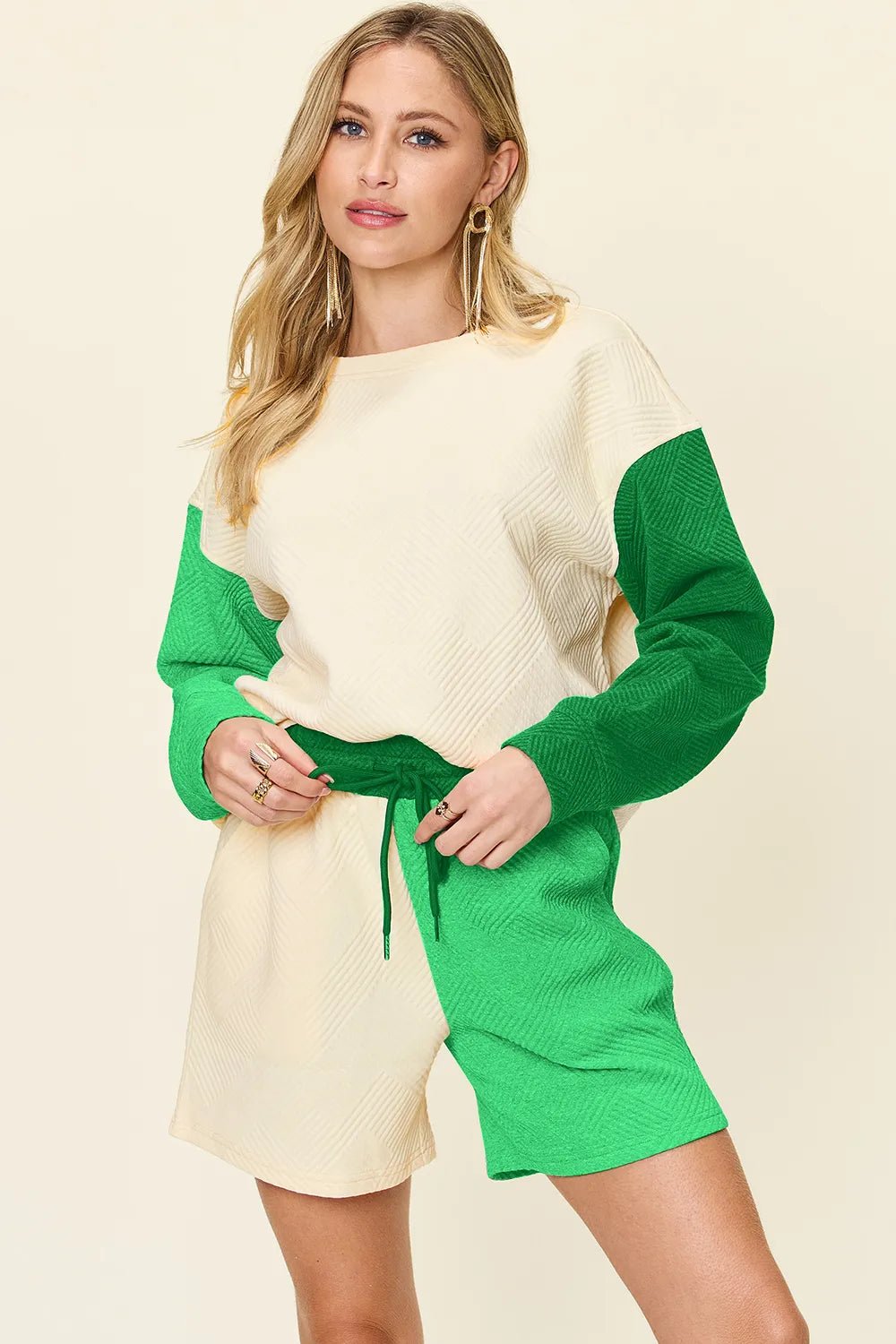 Double Take Full Size Contrast Drop Shoulder Top and Shorts Set - PBNJ FASHIONS
