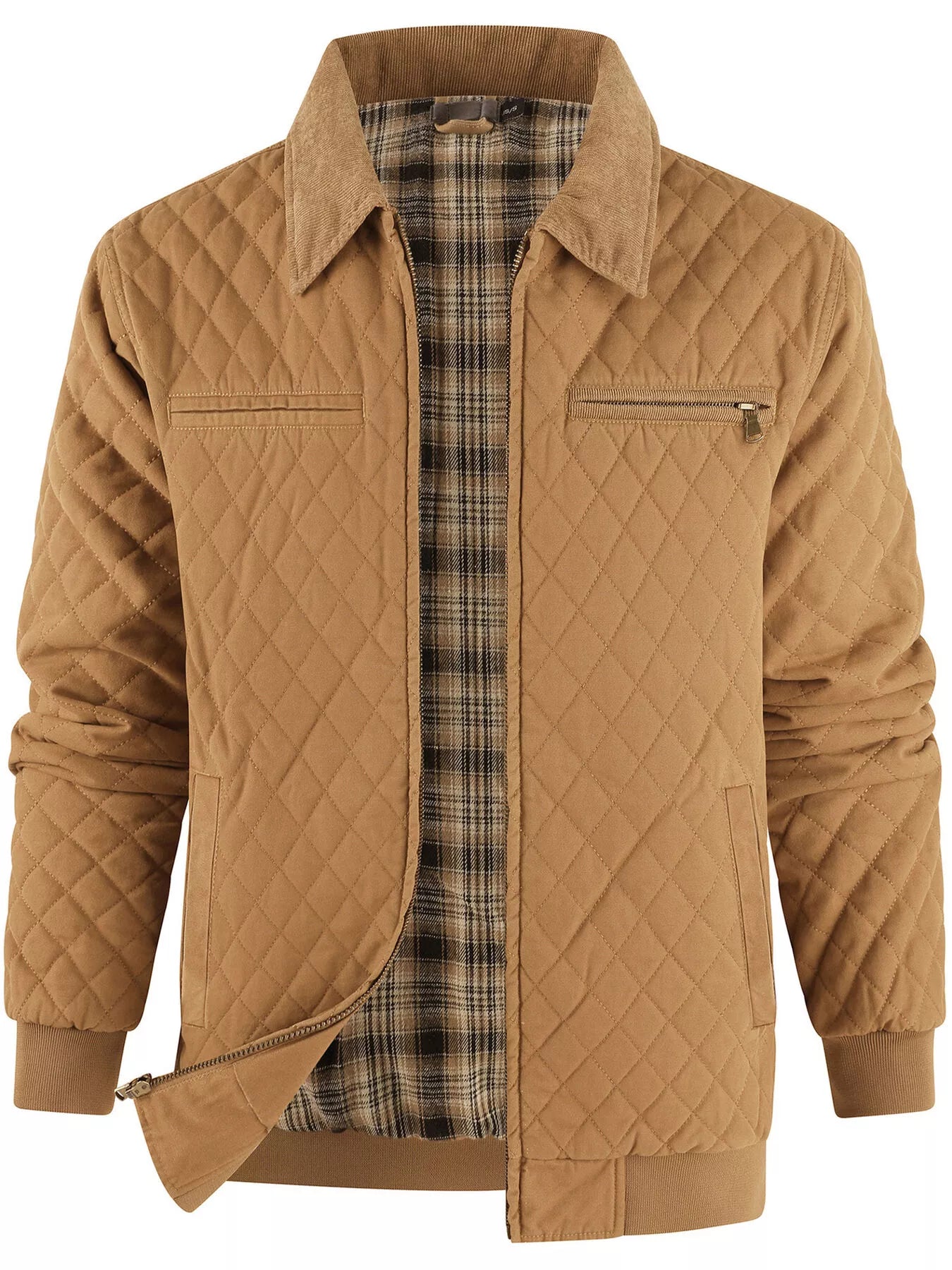 Men's Quilted Collared Neck Jacket with Plaid Lining - PBNJ FASHIONS