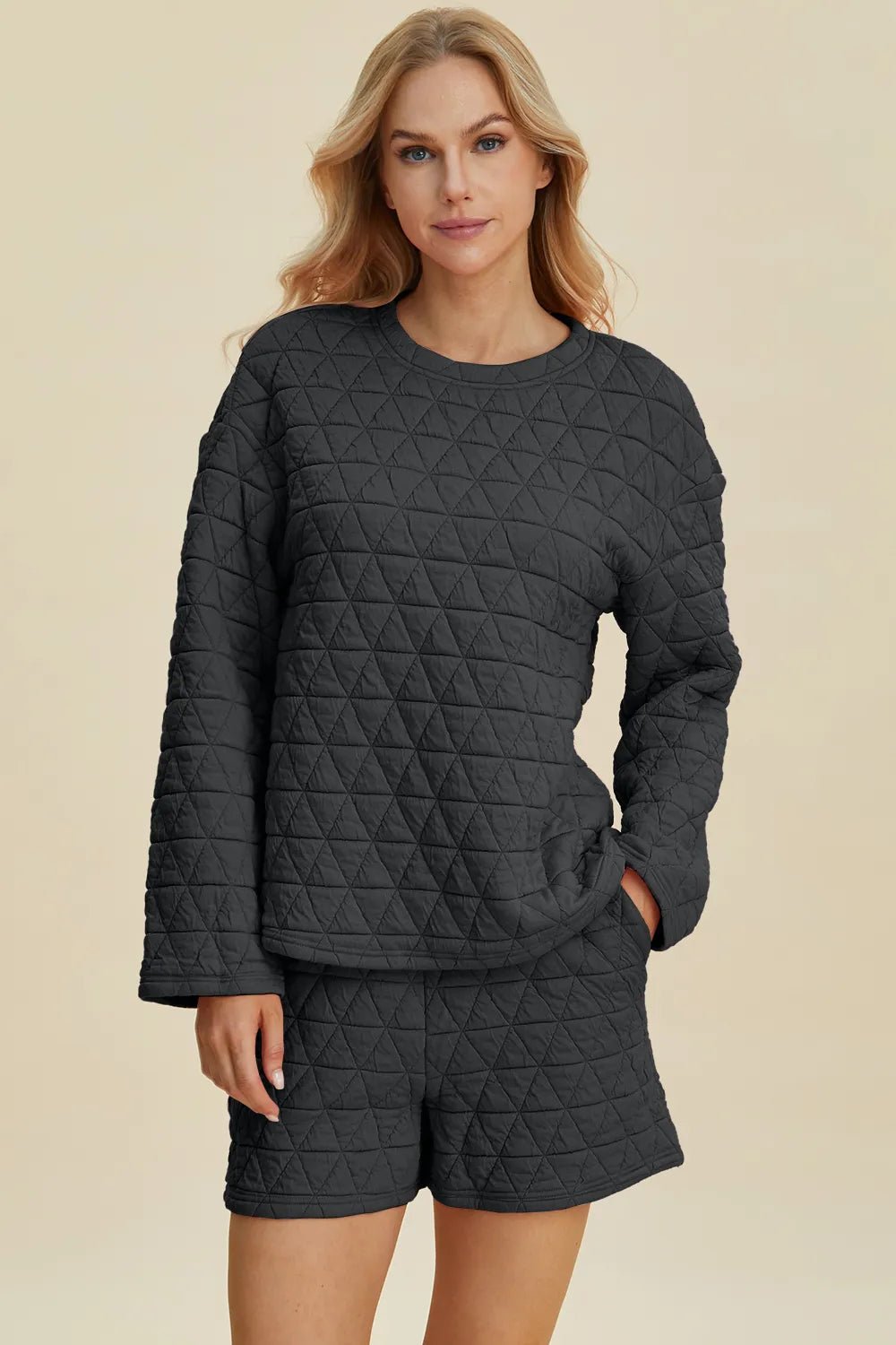 Double Take Full Size Texture Round Neck Long Sleeve Top and Shorts Set - PBNJ FASHIONS