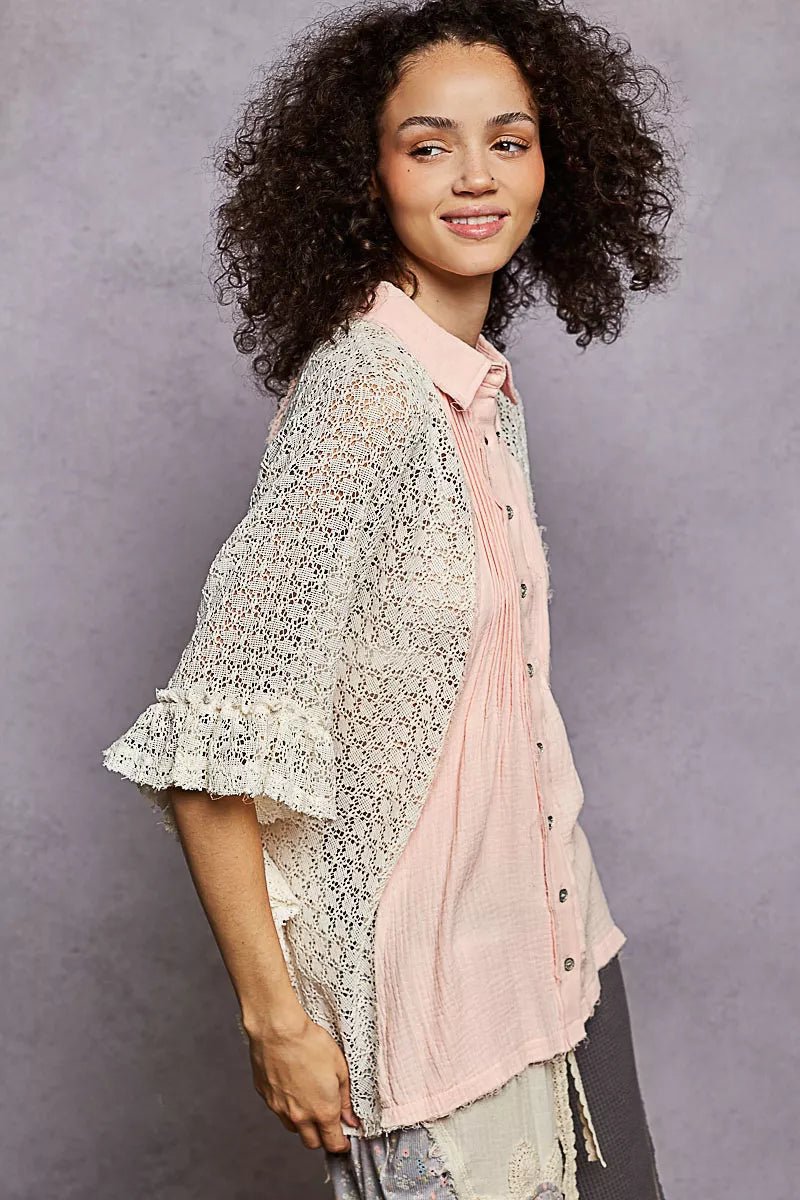 POL Button Down Front Pleated Shirt with Crochet Patch - PBNJ FASHIONS