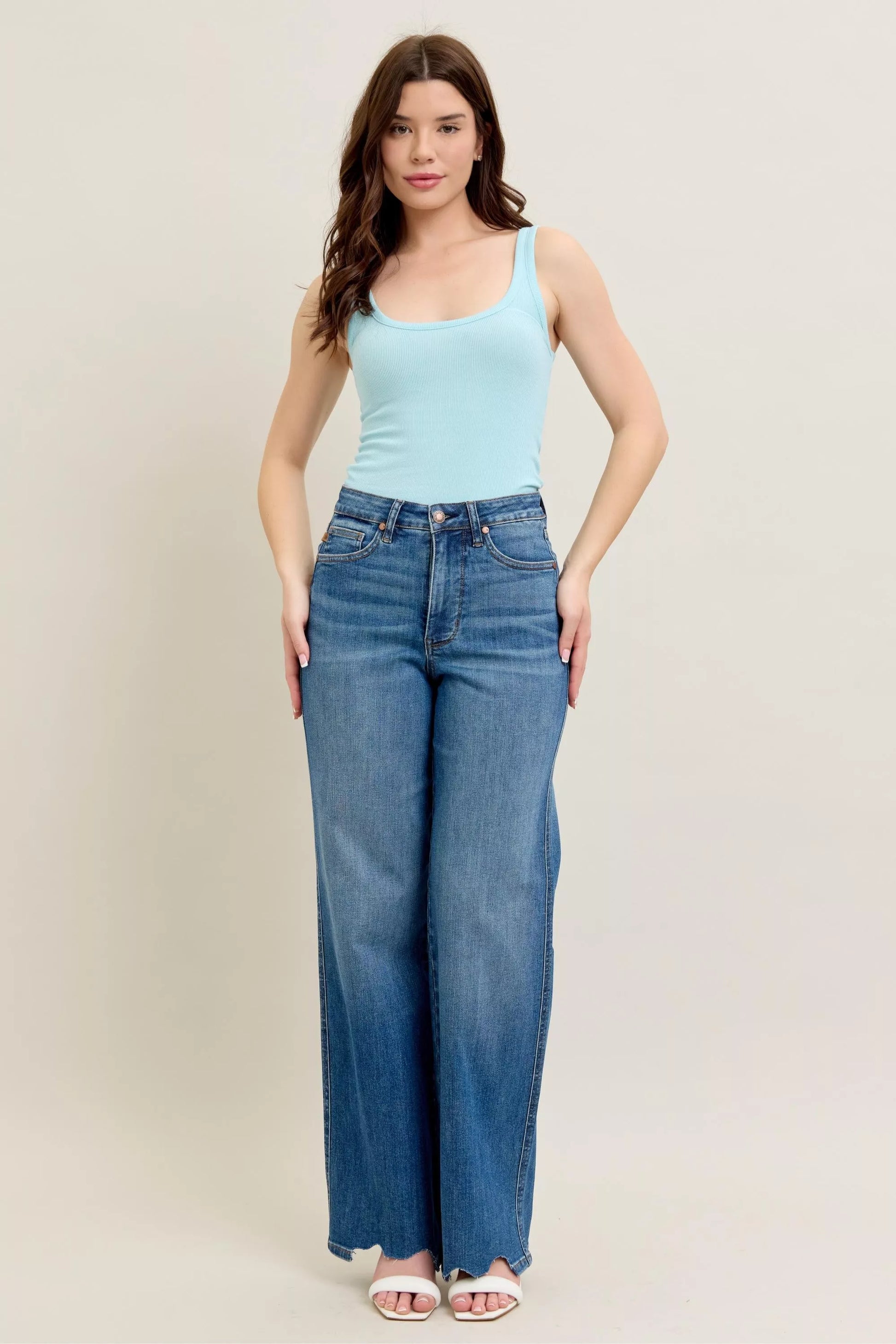 Judy Blue Full Size High Waist Tummy Control Chew Hem Destroy Wide Jeans Plus Size - PBNJ FASHIONS