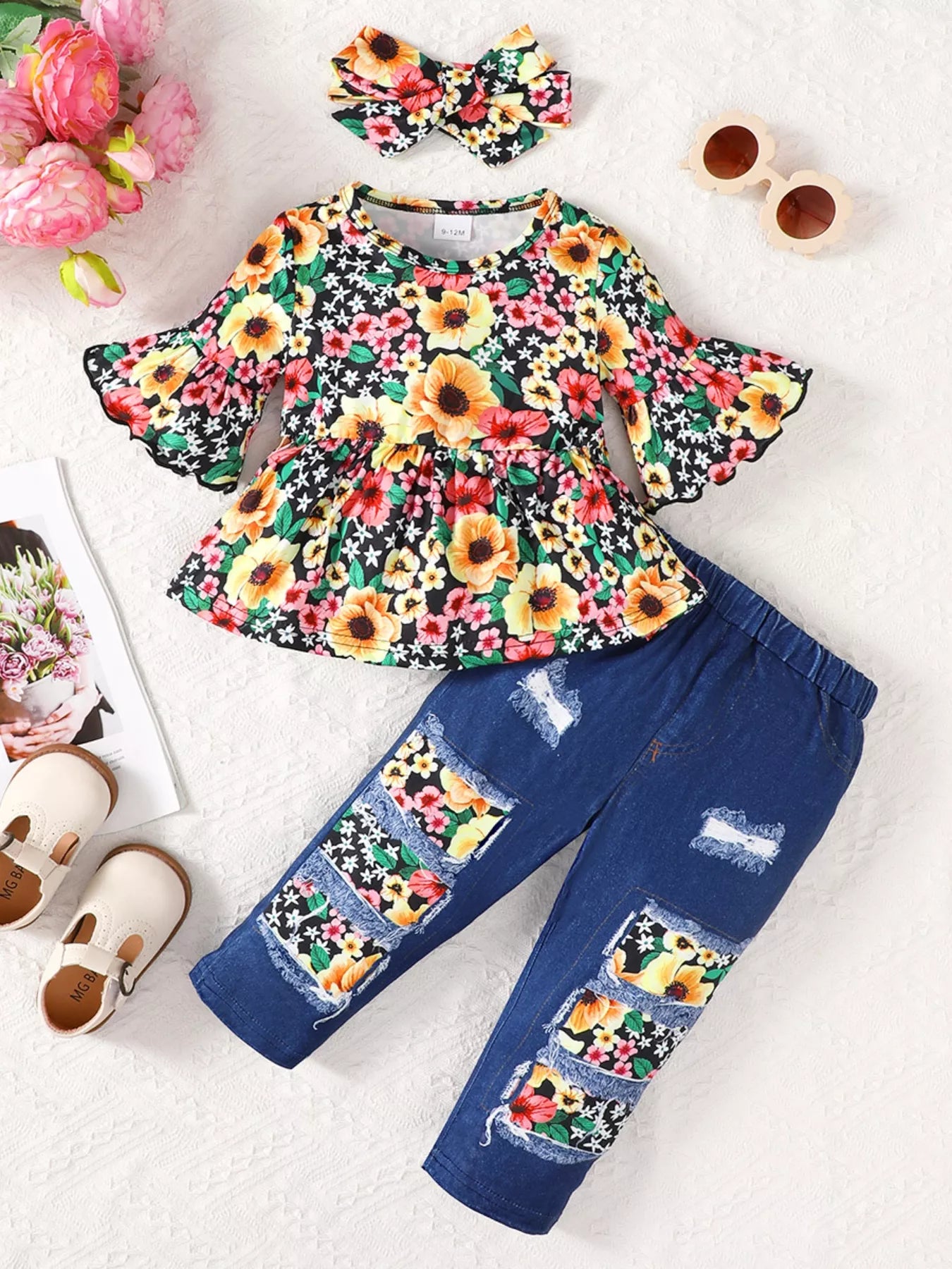 Children's Floral Bell Sleeve Top and Pants Set - PBNJ FASHIONS