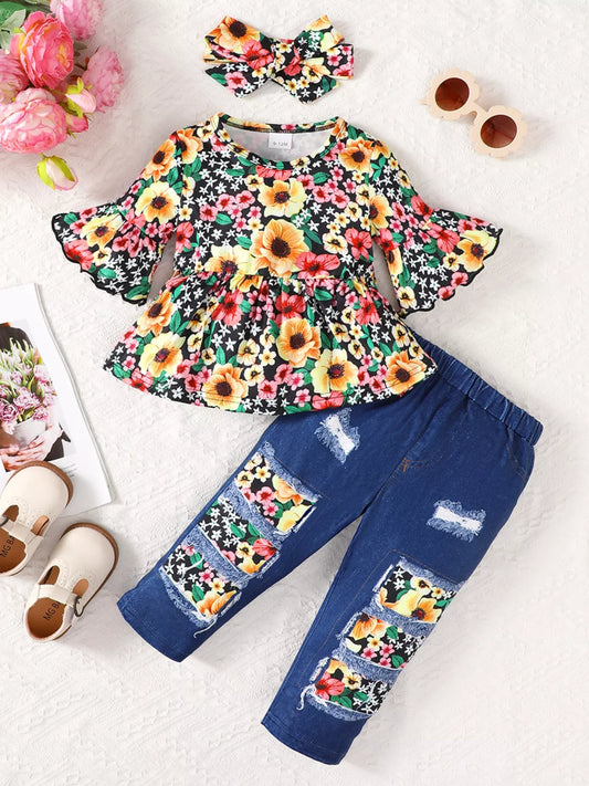 Children's Floral Bell Sleeve Top and Pants Set - PBNJ FASHIONS