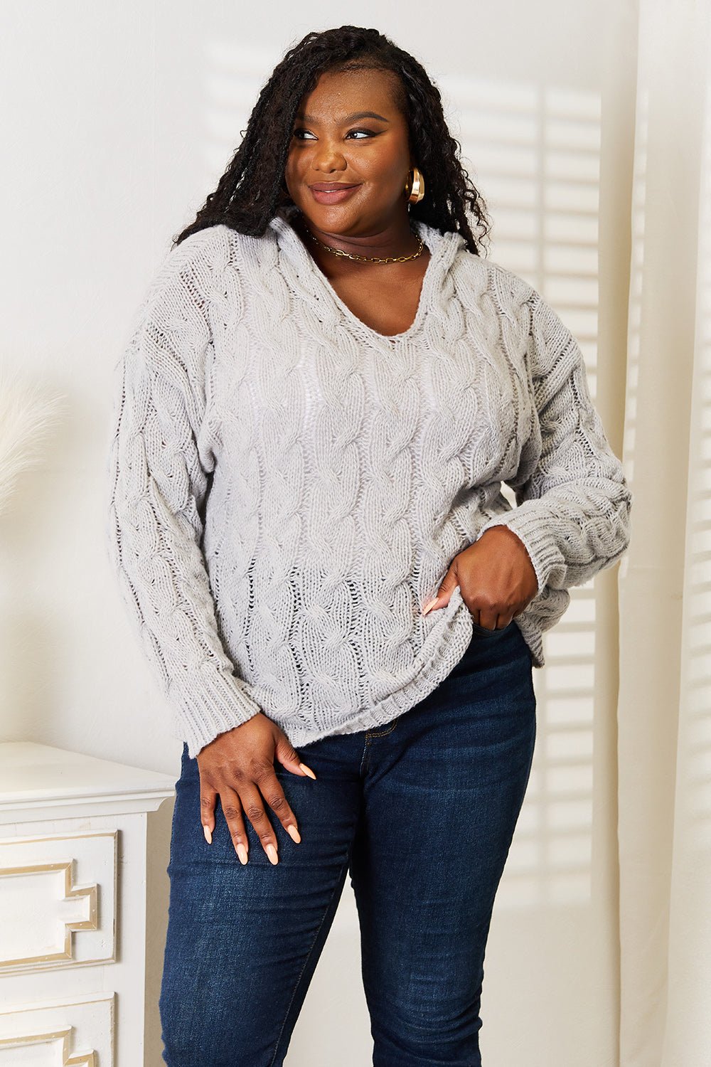 Woven Right Cable - Knit Hooded Sweater - PBNJ FASHIONS