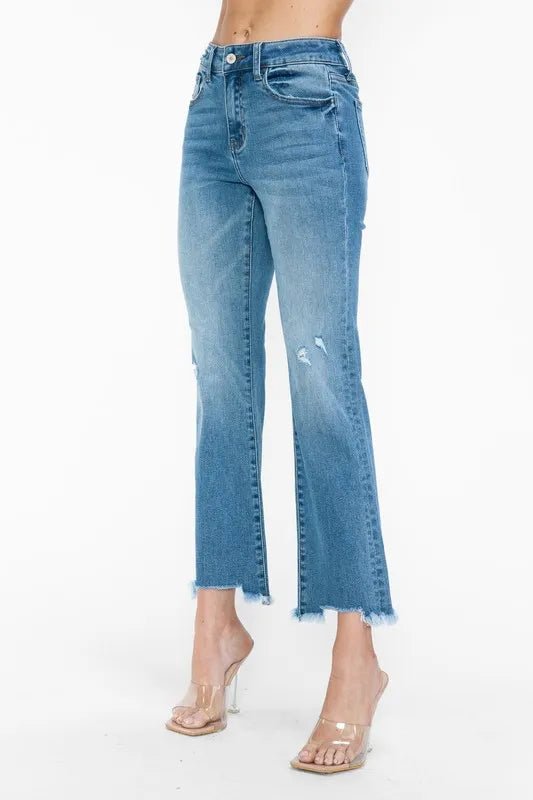 bytos Raw Hem Distressed Mid Rise Crop Jeans - PBNJ FASHIONS