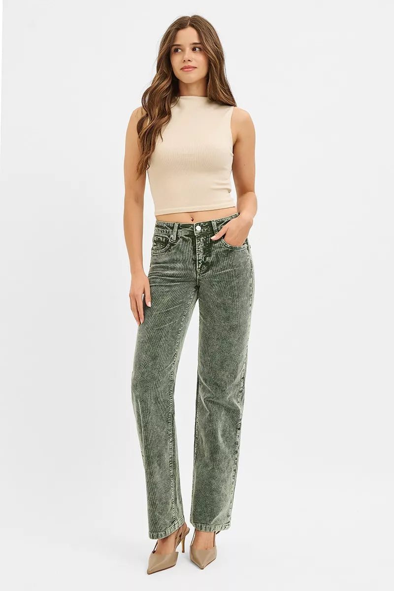 RISEN Tummy Control Mid Rise Straight Leg Corduroy Pants - PBNJ FASHIONS
