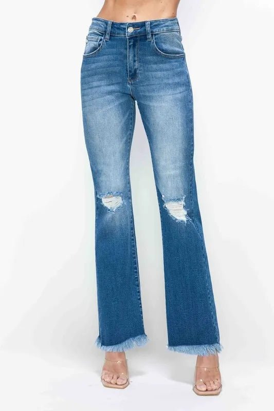 bytos Full Size Raw Hem Distressed High Rise Bootcut Jeans - PBNJ FASHIONS