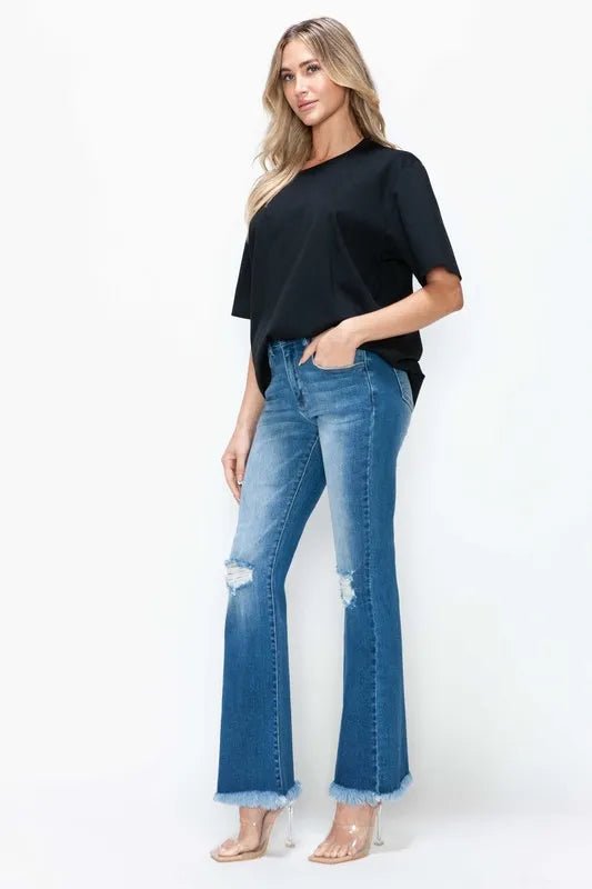bytos Full Size Raw Hem Distressed High Rise Bootcut Jeans - PBNJ FASHIONS