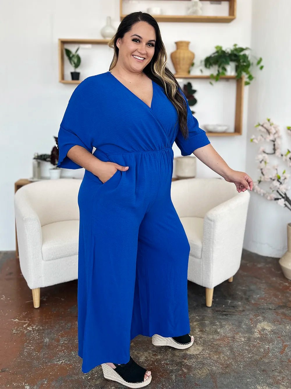 Double Take Full Size Surplice Wide Leg Jumpsuit with Pockets - PBNJ FASHIONS