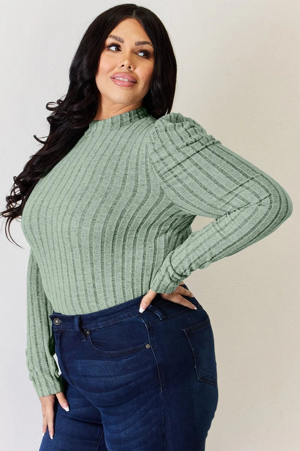 Basic Bae Full Size Ribbed Mock Neck Puff Sleeve T-Shirt - PBNJ FASHIONS