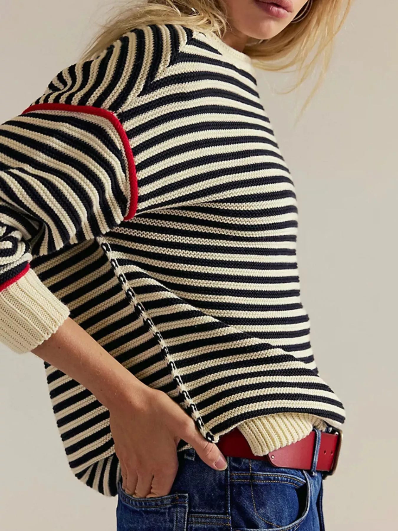 Striped Knit Round Neck Sweater - PBNJ FASHIONS