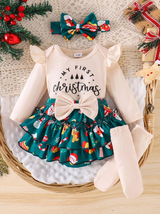 Children's Christmas Ruffled Long Sleeve Top and Skirt Set with Headband - PBNJ FASHIONS