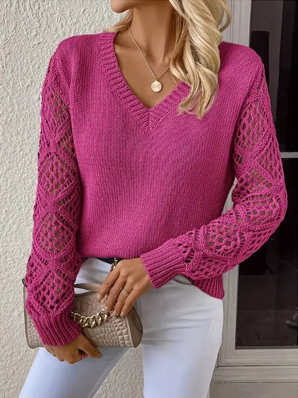 V - Neck Hollow - Out Sleeve Knit Sweater - PBNJ FASHIONS