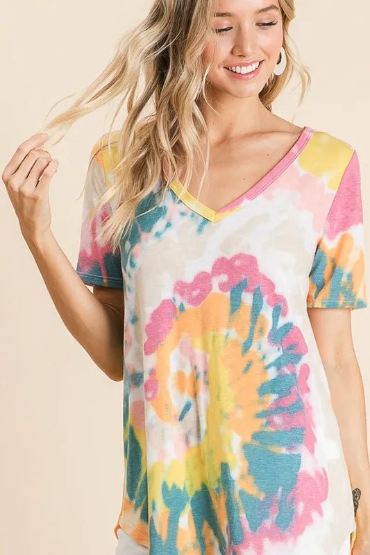 BiBi Circular Tie Dye Print V Neck Top - PBNJ FASHIONS