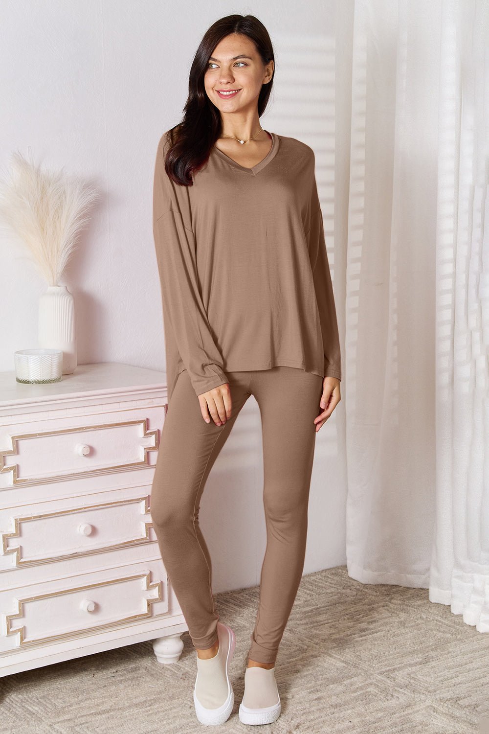 Basic Bae Full Size V - Neck Soft Rayon Long Sleeve Top and Pants Lounge Set - PBNJ FASHIONS