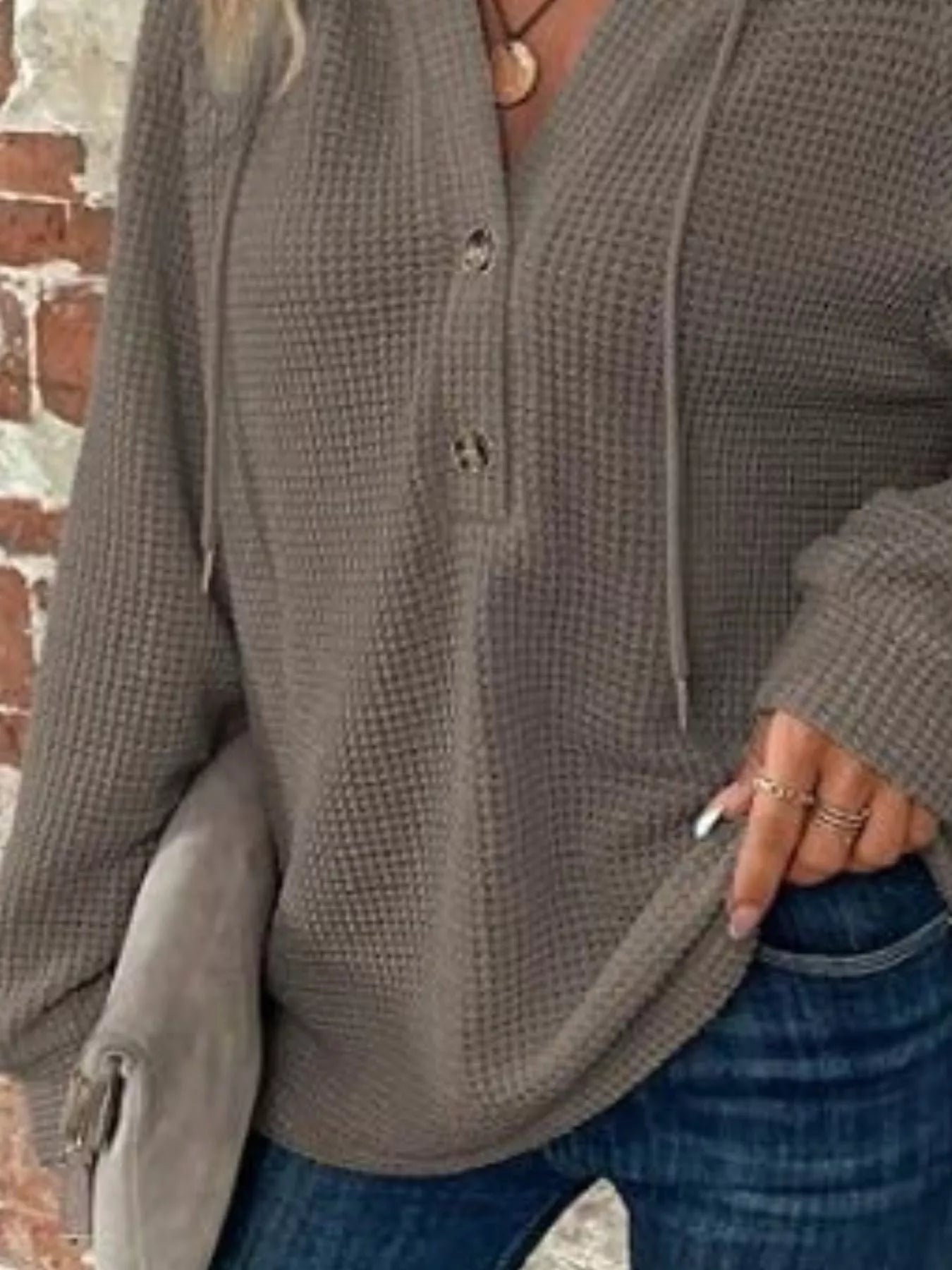 Waffle Knit Button Detail Hoodie - PBNJ FASHIONS