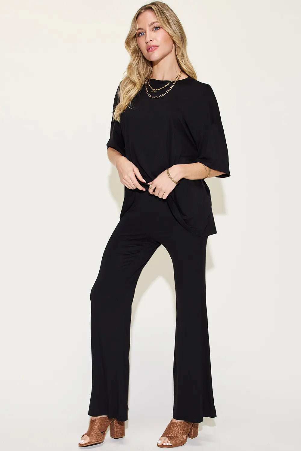 Basic Bae Full Size Bamboo Drop Shoulder T-Shirt and Flare Pants Set - PBNJ FASHIONS