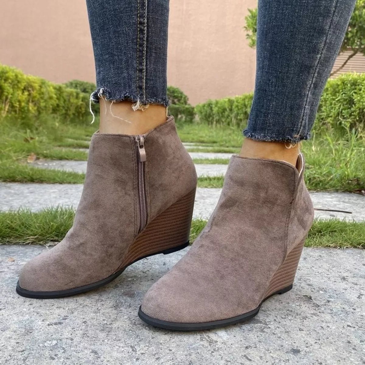 Side Zipper Wedge Boots - Heel Suede Shoes, Sizes US 5-11 - PBNJ FASHIONS