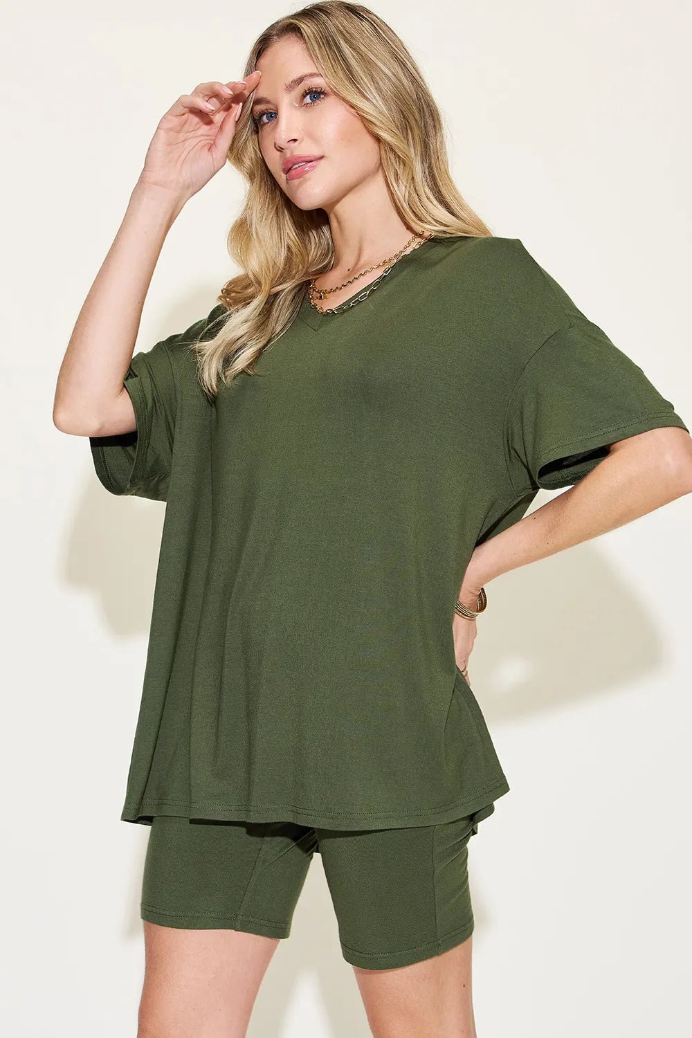 Basic Bae Full Size V - Neck Drop Shoulder T-Shirt and Shorts Set - PBNJ FASHIONS