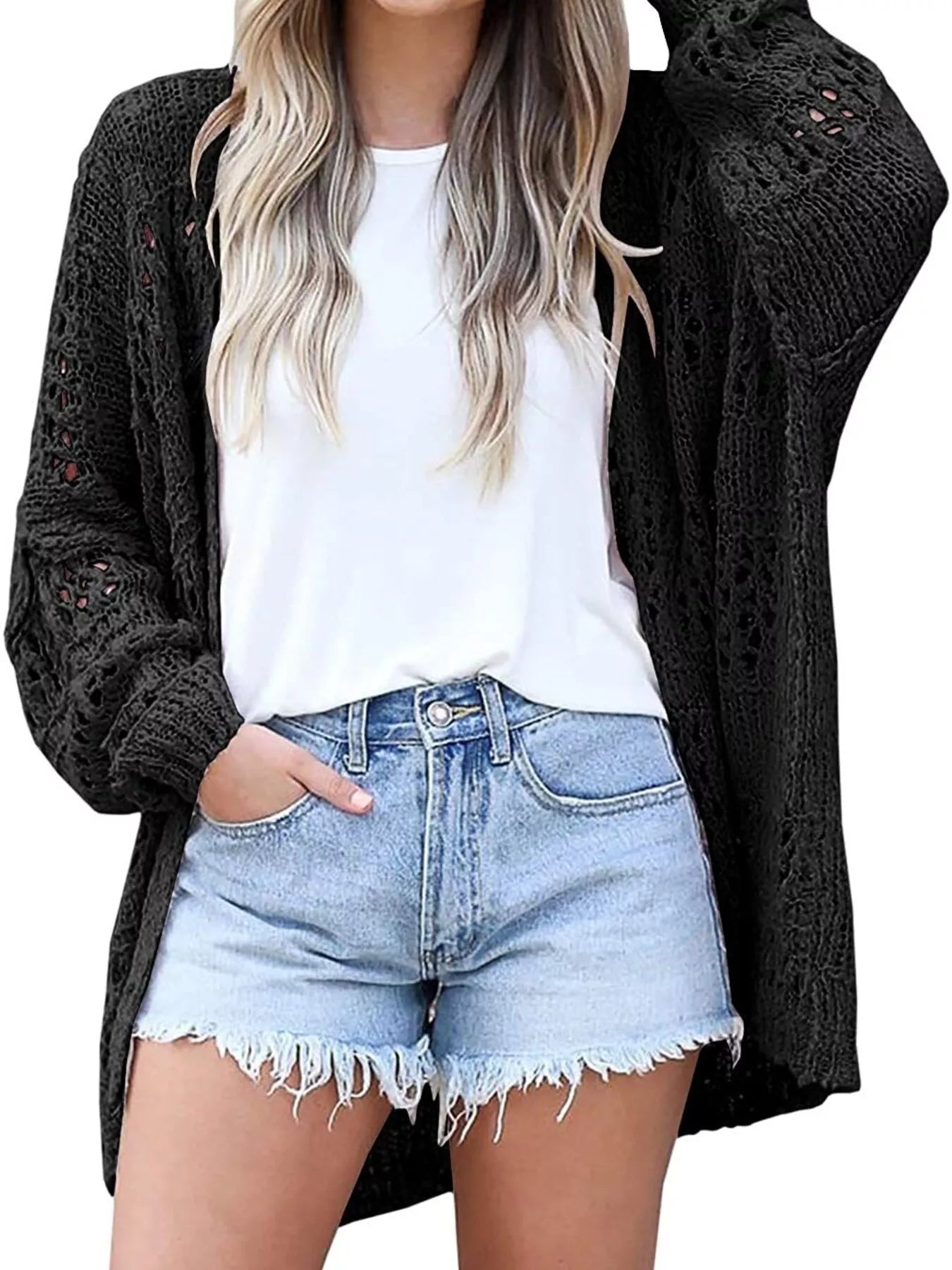 Full Size Openwork Open Front Lightweight Cardigan Plus Size - PBNJ FASHIONS