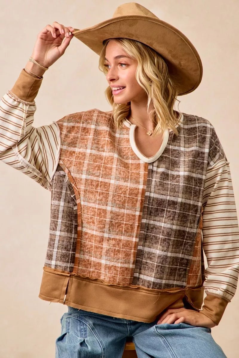 BiBi Plaid And Stripe Mix And Match Top With Open Seam - PBNJ FASHIONS