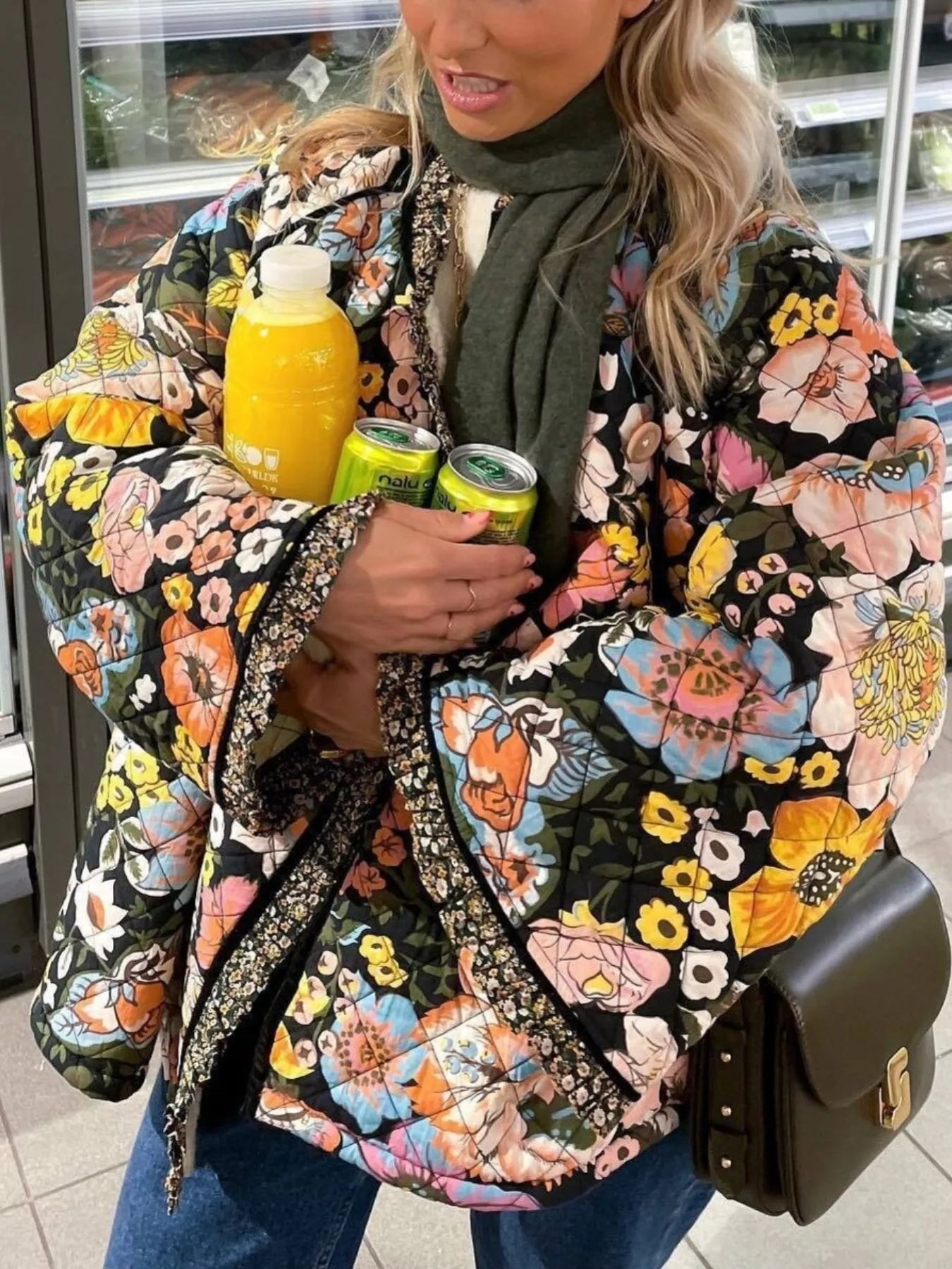 Full Size Floral Print Quilted Sherpa - Lined Jacket Plus Size - PBNJ FASHIONS