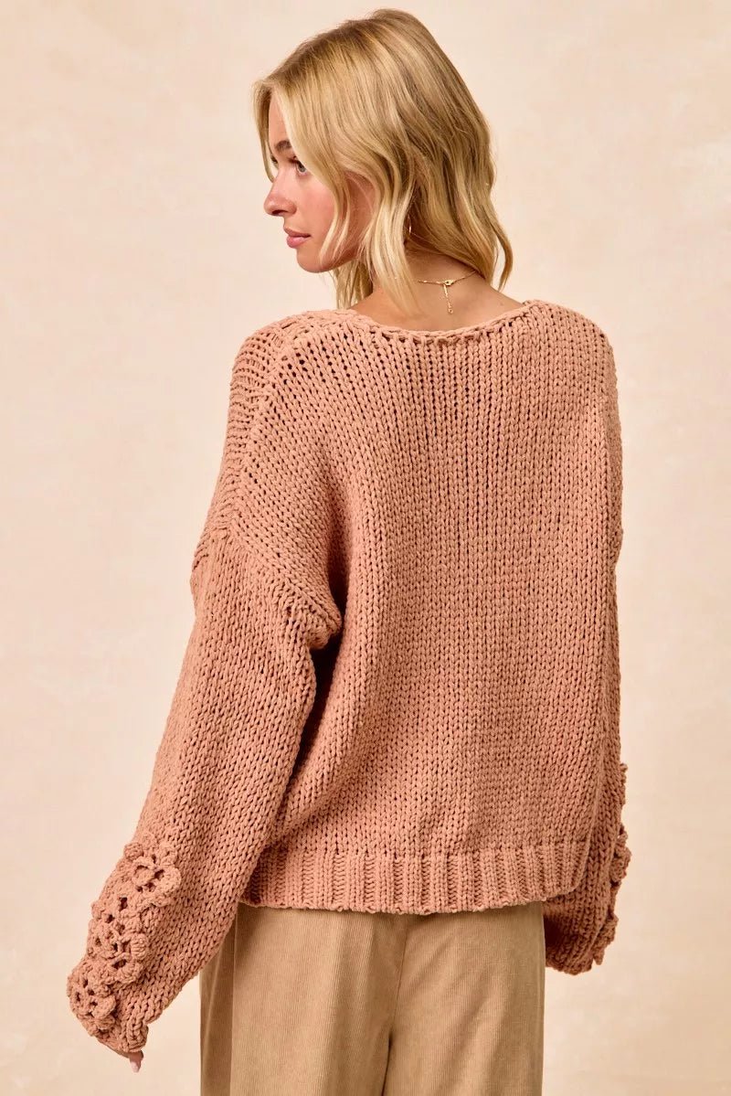 BiBi Chunky Knit Sweater with Flower Detail Sleeves - PBNJ FASHIONS