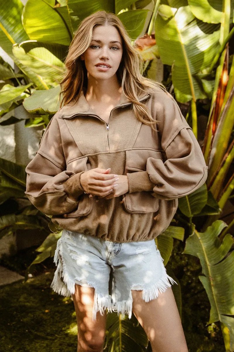 BiBi Half Zip Vintage Washed Fleece Pullover - PBNJ FASHIONS