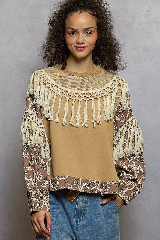 POL Contrast Floral Embroidery Balloon Sleeve Top with Tassel Trim - PBNJ FASHIONS