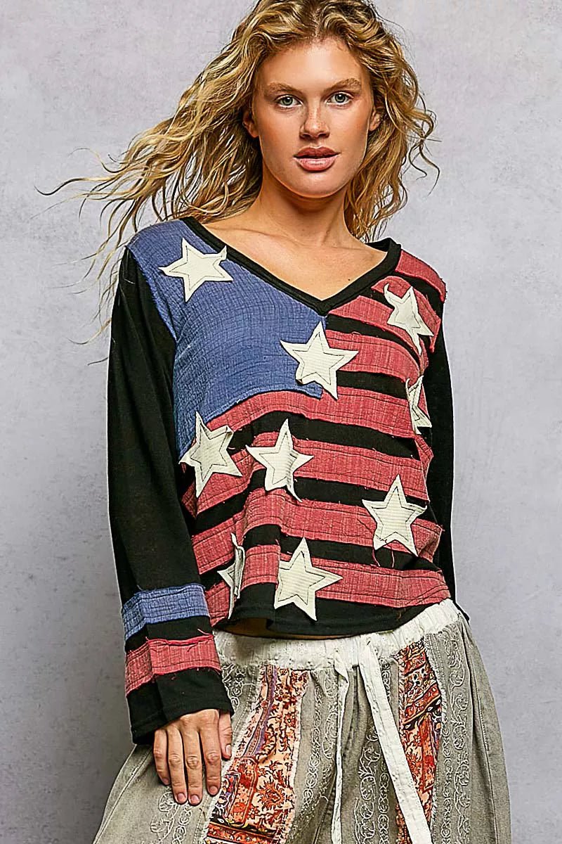 POL Double Gauze American Flag Patch V - Neck Long Sleeve T-Shirt - PBNJ FASHIONS