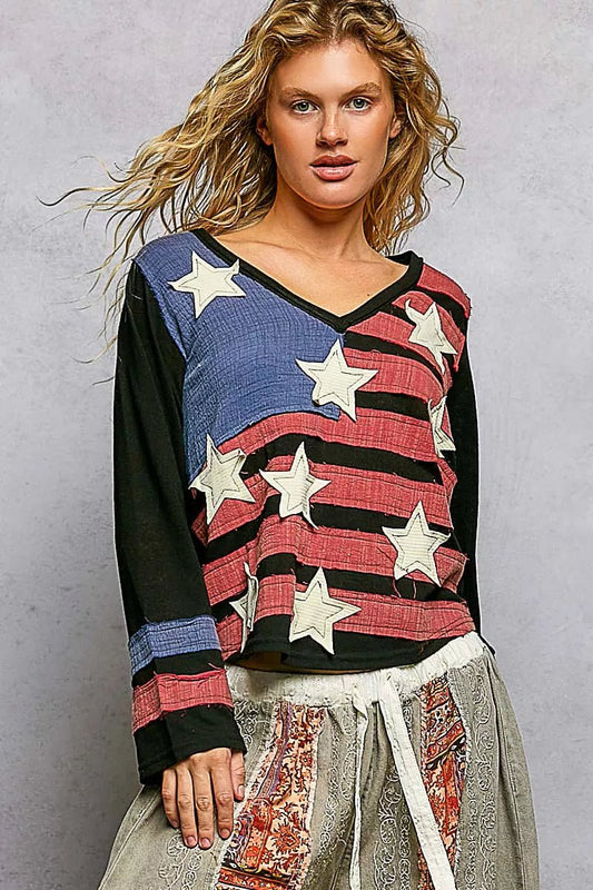 POL Double Gauze American Flag Patch V - Neck Long Sleeve T-Shirt - PBNJ FASHIONS